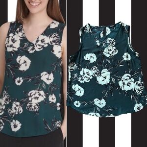 Floral Print V-Neck Green Ivory Flower Sleeveless Top DKNY Business Casual